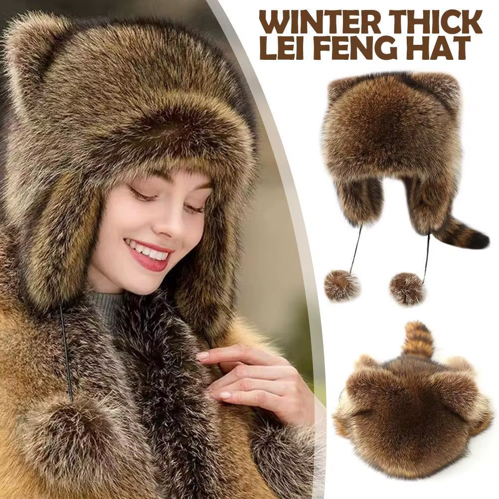 Winter Thickening Lei Feng Hat Season Thickened Cute Raccoon Tail Plush Cap Women Winter Windproof Thick Warm Ears Flaps Hat