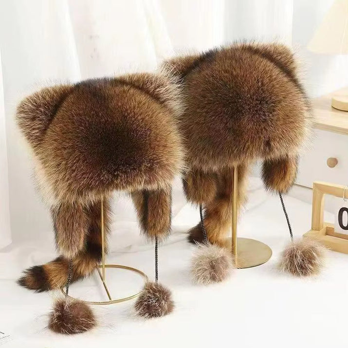 Winter Thickening Lei Feng Hat Season Thickened Cute Raccoon Tail Plush Cap Women Winter Windproof Thick Warm Ears Flaps Hat